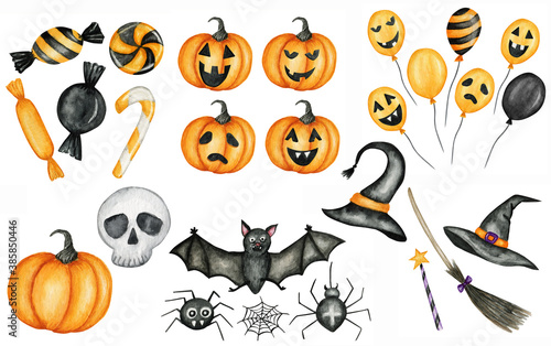 Watercolor creepy Halloween balloons, pumkins with scary faces, candy sweets for party, bat, spider, witch hat, broom, Magic wand, human skull Isolated illustration Happy orange holiday Trick or treat