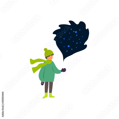 Winter scene of a boy with snow. A boy in winter clothes catches snow. New year color vector illustration. Cartoon characters in winter clothes in the flat style. Vector illustration