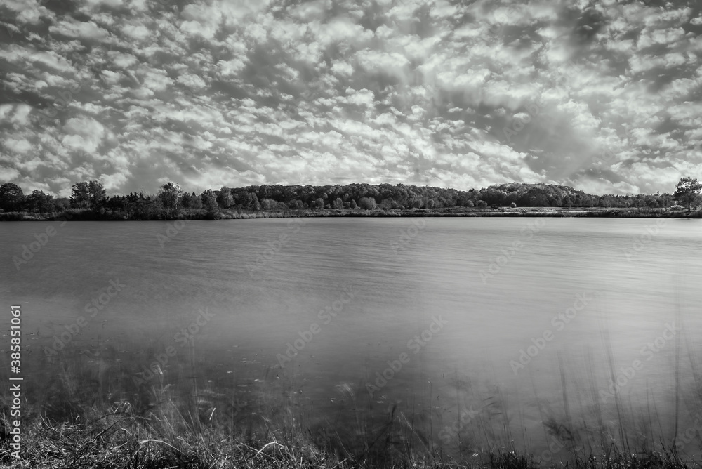 Fototapeta premium Black and White Landscape time lapse trees, water, cloudy sky. 