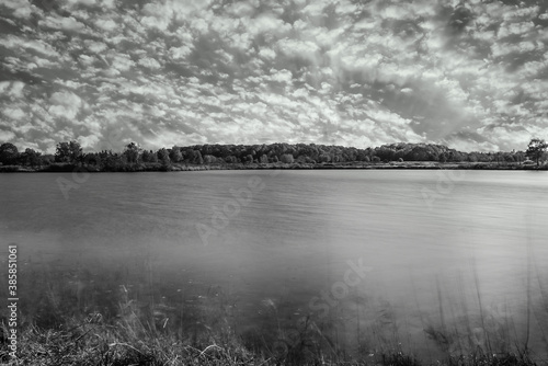 Black and White Landscape time lapse trees, water, cloudy sky. 