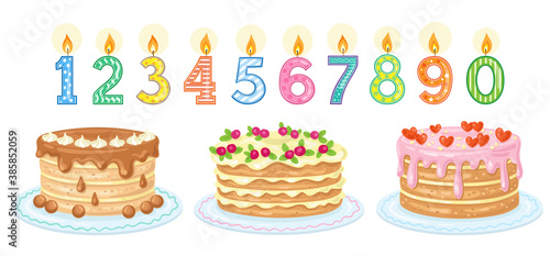 Collection of three beautiful birthday cakes and ten holiday anniversary candles. All numbers. In cartoon style. Isolated on white background. Vector  illustration.