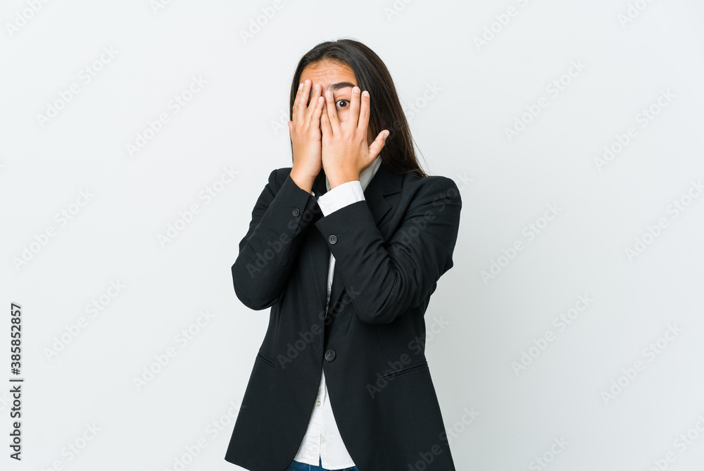 Young asian bussines woman isolated on white background blink through fingers frightened and nervous. Young asian bussines woman isolated on white background blink through fingers frightened and nervous.
