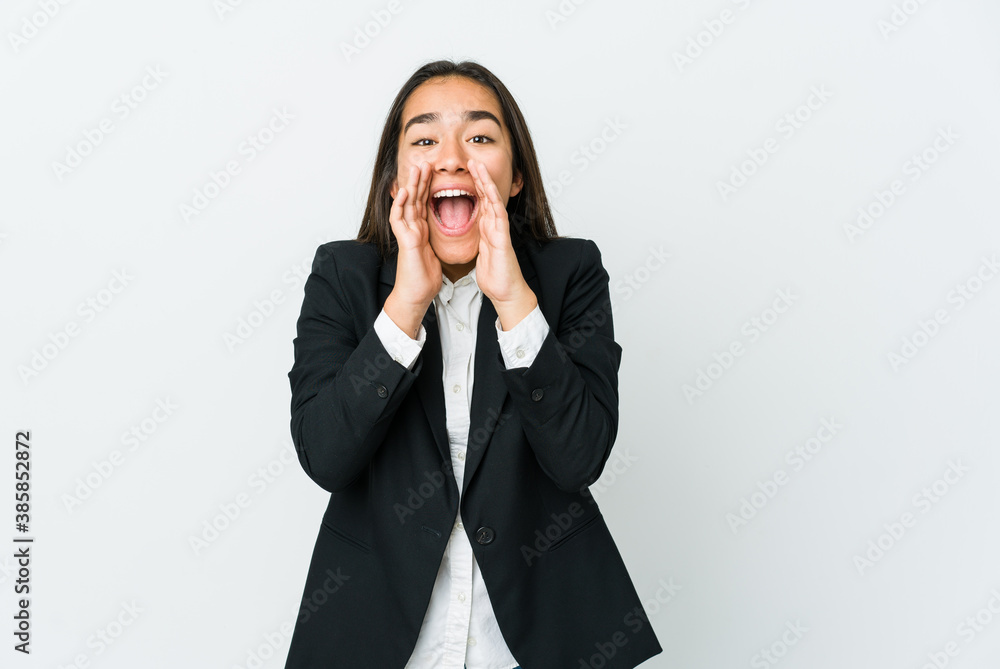 Young asian bussines woman isolated on white background shouting excited to front. Young asian bussines woman isolated on white background shouting excited to front.