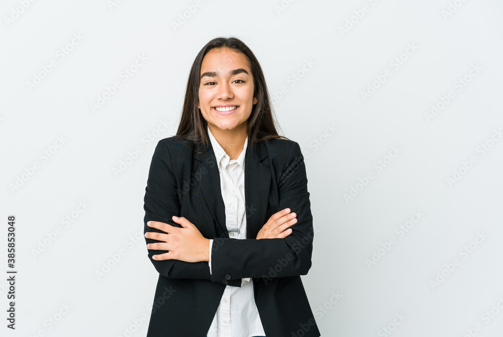 Young asian bussines woman isolated on white background laughing and having fun. Young asian bussines woman isolated on white background laughing and having fun.