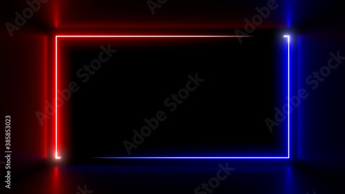 Colorful neon lamps in a dark corridor. Reflections on the floor. 3d rendering image.