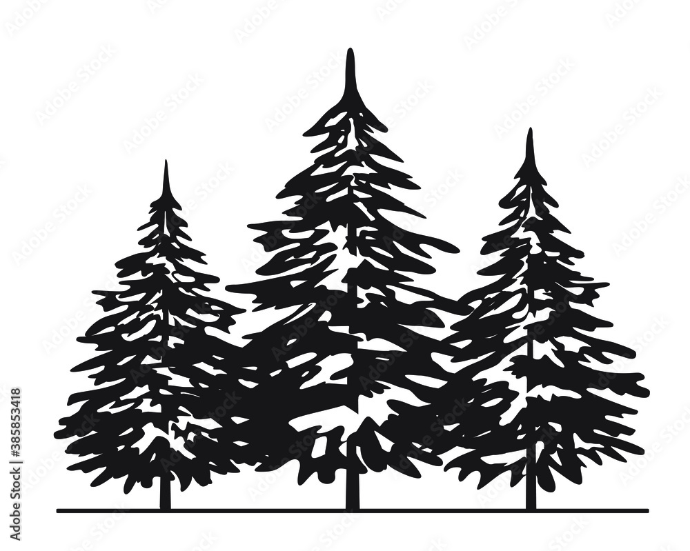 Black Christmas Tree. Vector illustration and Icon. Winter Spruce in forest.