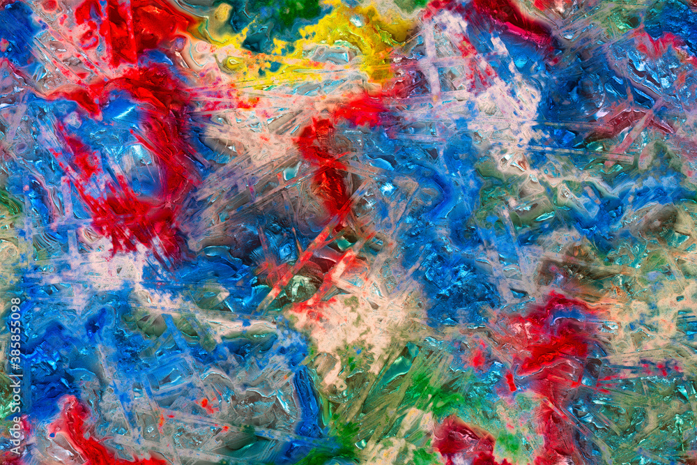 Abstract background with mix of colorful stains and irregular geometric lines. Showy multicolored texture with scattered transparent sticks. Mixture of colors in uneven surface of plastic or gem look. Abstract background with mix of colorful stains and irregular geometric lines. Showy multicolored texture with scattered transparent sticks. Mixture of colors in uneven surface of plastic or gem look.