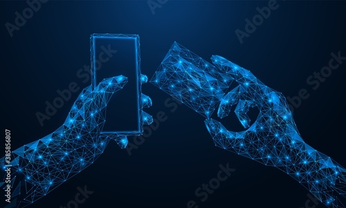 Internet-banking. Making a payment via smartphone using a credit card. Low-poly construction of concatenated lines and dots. Blue background.