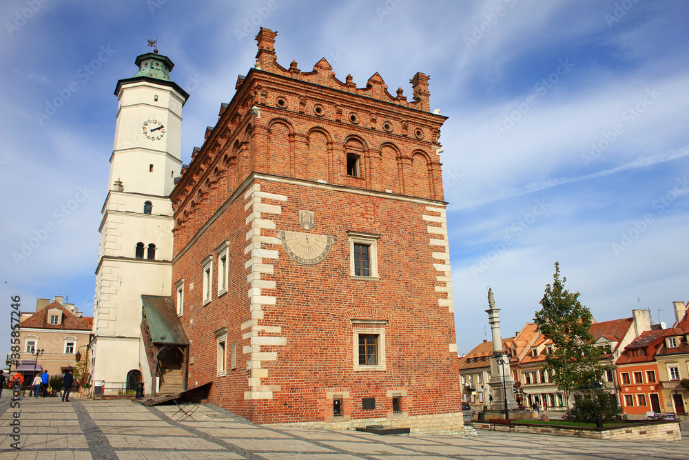 Town hall with a white tower in Sandomierz