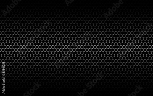 Metal mesh. Black hexagon grid with shadow and light. Dark industrial backdrop with cells. Perforated texture metal for poster, banner, web. Vector illustration