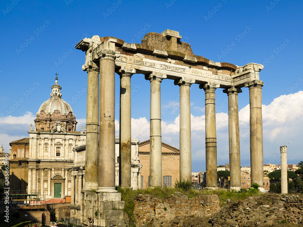 Ruins of Saturn temple at the Roman Forum in Rome, Italy