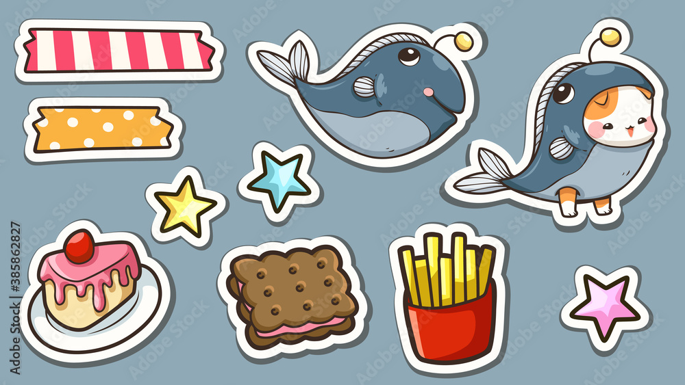 Cute cartoon element clipart with white border. Little cat, fish, Cake, Crackers, French fries and Star. This design used for prints, cute accessories, stickers, Part of the logo design. And more. Cute cartoon element clipart with white border. Little cat, fish, Cake, Crackers, French fries and Star. This design used for prints, cute accessories, stickers, Part of the logo design. And more.