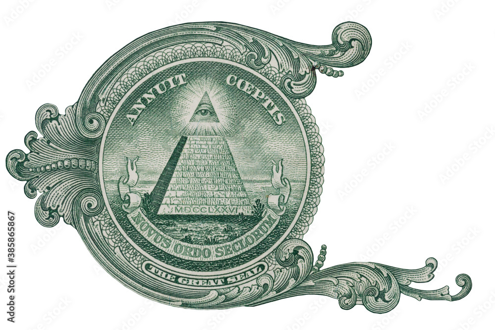 Conspiracy theory and secret societies concept with the great seal on the American dollar bill with the pyramid an the all seeing eye isolated on white background with clipping path cutout