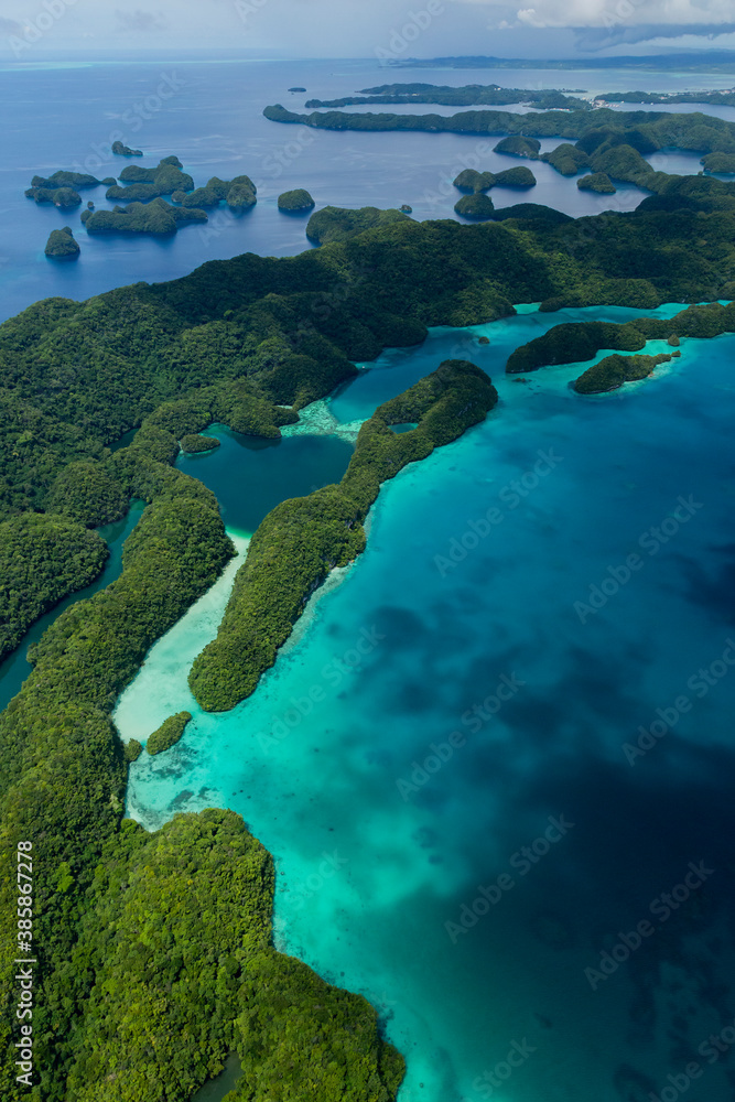 Aerial shot of islands and marine lakes of Palau
