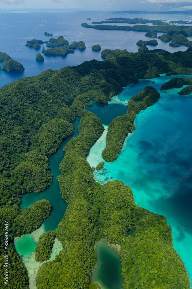 Aerial shot of islands and marine lakes of Palau