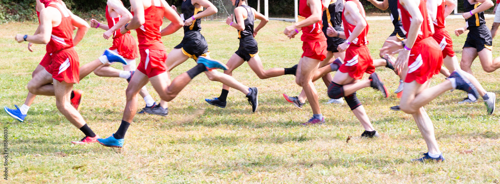 Runners at start of boys 5K cross country race on grass Runners at start of boys 5K cross country race on grass