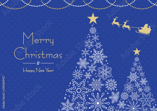 雪の結晶でできたクリスマスツリーとサンタのフレームB　横 青