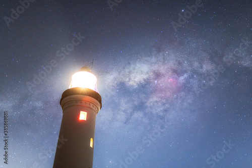 Norah Head lighthouse with milky way on the night sky.