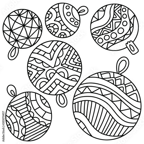 Funny christmas tree decor balls black and white stock vector illustration. Merry christmas and happy new year tree decoration coloring page for kids and adults. Ornamental half dozen tree balls decor