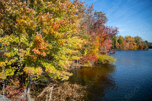 The fantastic colors of the trees along a reservior in the autumn months in upstate New York.