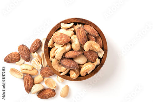  Top view Mixed of nut in wooden bowl isolated on white background.