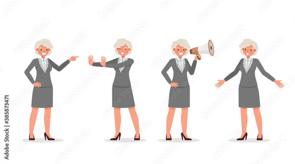 Obraz premium Old businesswoman working in office character vector design. Presentation in various action. no10