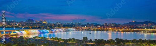 panorama image Seoulcity South Korea. Han River and Rainbow founta in Seoul, South Korea.