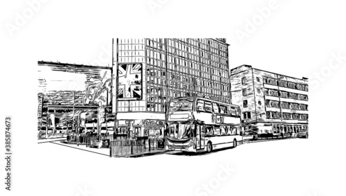 Building view with landmark of Birmingham is a major city in England. Hand drawn sketch illustration in vector.