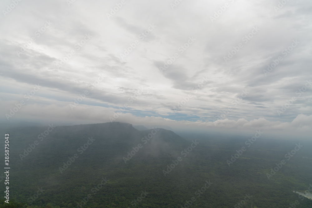 Fog covering a mountain covered in trees and plants,rainforest tropical background