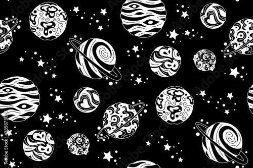 Planets seamless pattern black and white. Doodle solar system, dark background. Astronomical observatory. Mercury venus earth mars jupiter saturn neptun. Astronomy galaxy space. Vector illustration
