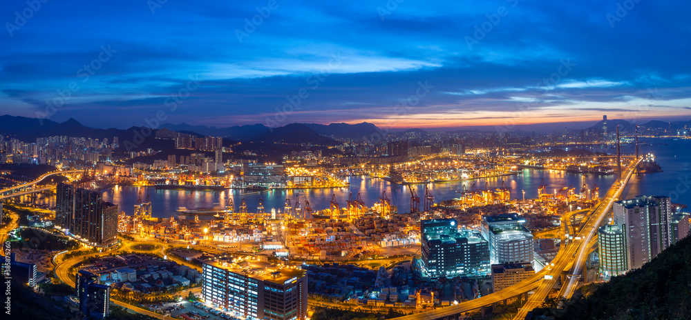 Stonecutters Bridge & Container port from Tsing Yi at Dawn, Hong Kong