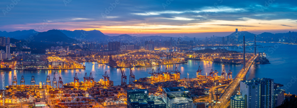 Stonecutters Bridge & Container port from Tsing Yi at Sunrise, Hong Kong