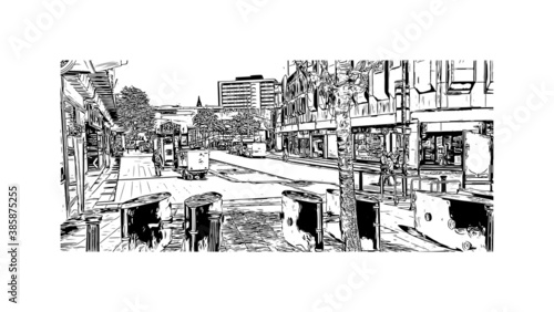 Building view with landmark of Birmingham is a major city in England. Hand drawn sketch illustration in vector.