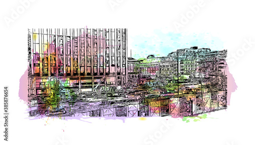 Building view with landmark of Birmingham is a major city in England. Watercolor splash with hand drawn sketch illustration in vector.