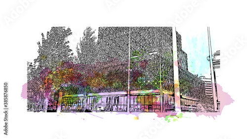 Building view with landmark of Birmingham is a major city in England. Watercolor splash with hand drawn sketch illustration in vector.