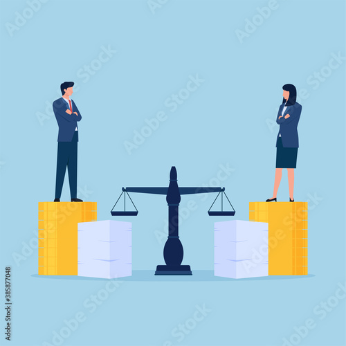 Man and woman on coins stack and work papers beside scales of justice metaphor of gender equality and discrimination.