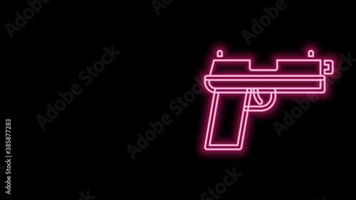 Glowing neon line Pistol or gun icon isolated on black background. Police or military handgun. Small firearm. 4K Video motion graphic animation