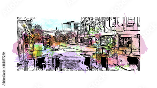 Building view with landmark of Birmingham is a major city in England. Watercolor splash with hand drawn sketch illustration in vector.