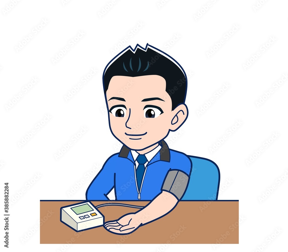 Male clerk in a blue outerwear