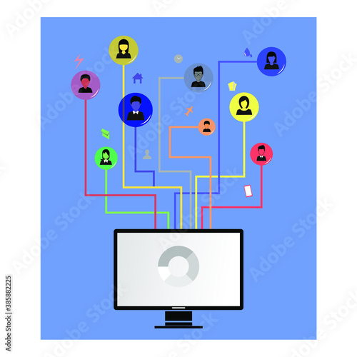 computer and people icons inside colorful circle, technology, infographic photo