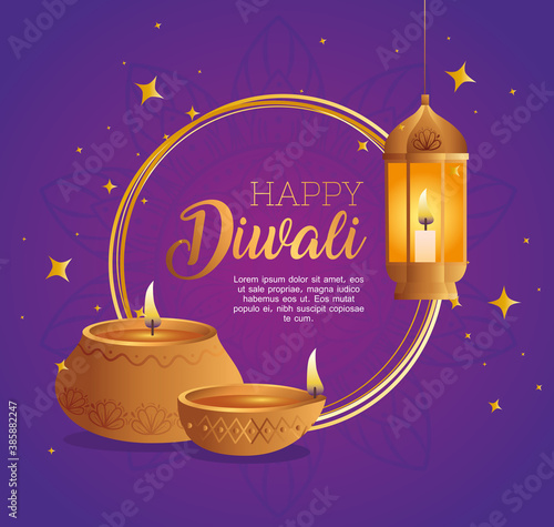 Happy diwali diya candles and lantern design, Festival of lights theme Vector illustration