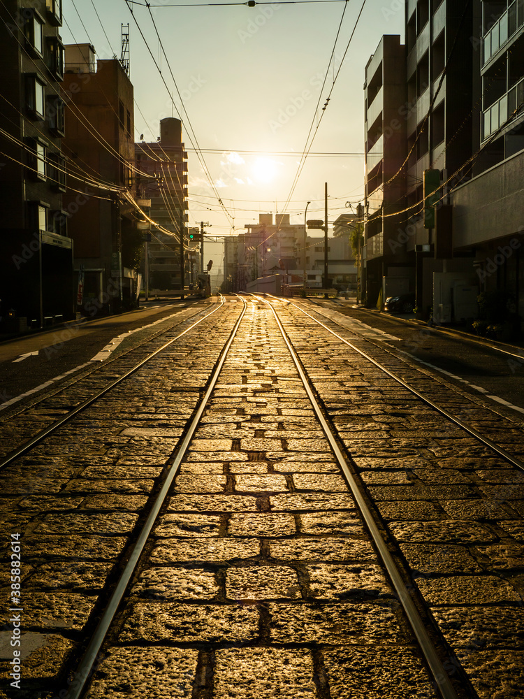 Fototapeta premium 広島市 路面電車の軌道を照らす夕方の光