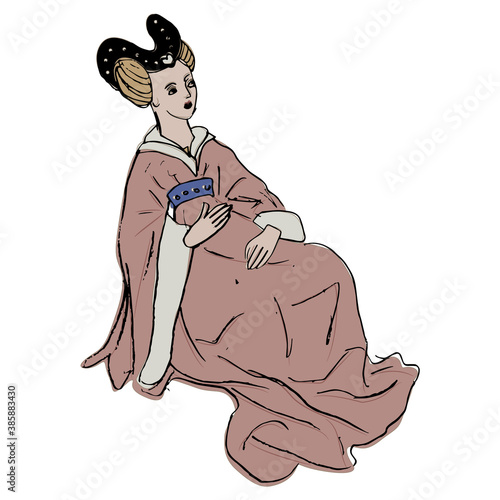 Seated medieval lady in long dress. Gothic costume. Reclining vintage lady pregnant or tired. Hand drawn sketch.