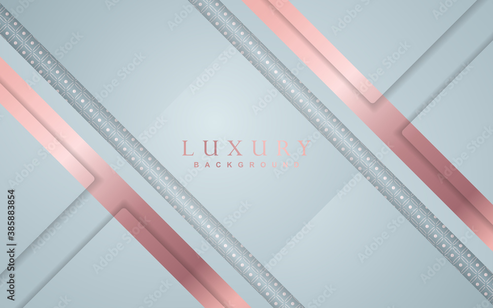 Luxury background design with white and rose golden element decoration. Elegant paper art shape vector layout template for use cover magazine, poster, flyer, invitation, product packaging, web banner