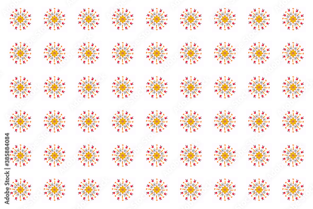 Seamless pattern Mandalas with colorful flowers and dry leaves isolated on white background Seamless pattern Mandalas with colorful flowers and dry leaves isolated on white background