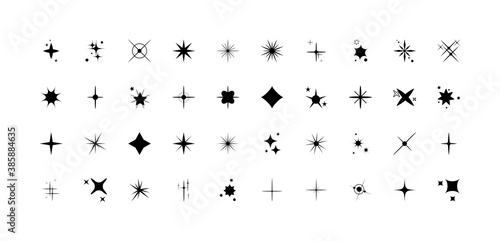 Star icon. Set of black spark effect. Collection of star shine symbols. Light elements flat design on a white background. Starburst sparkles. Magic cartoon for decorative festive. Vector illustration.