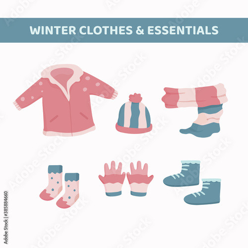 Set of winter kids clothes & essentials Flat Illustration. Design elements Consist of a jacket, cool hat, socks, shoes, gloves, scarf.