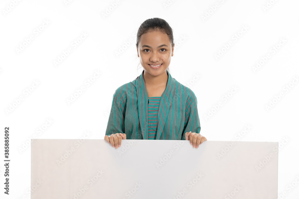 beautiful girl holding empty white board isolated on white beautiful girl holding empty white board isolated on white