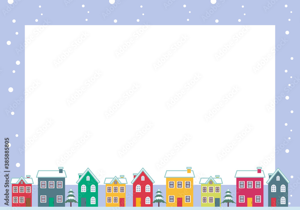 雪が降る冬の街並み　フレームイラスト
