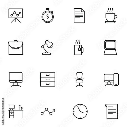 Set of business developing icons, related to office equipment, graph, chart web icons, black outline isolated on white background EPS Vector such as lamp, coffee, computer, clock 